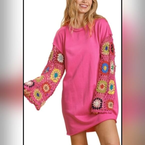 NWT Umgee French Terry Round Neck Color Crochet Long Sleeve Dress size L - Picture 2 of 5